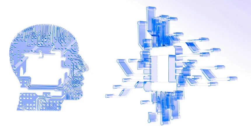 Perfil facial de una persona mirando una red de circuitos, ambas generadas por circuitos.