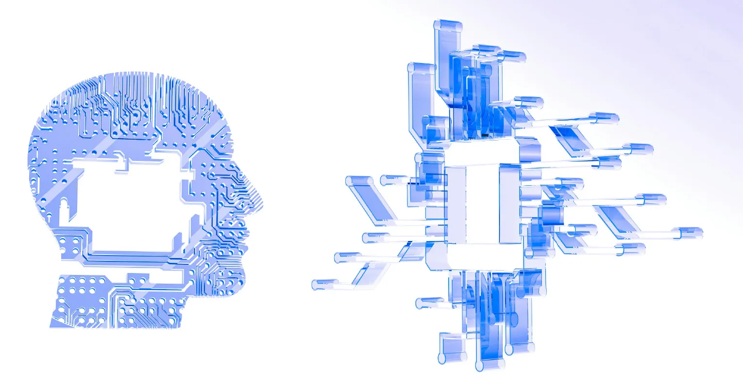 Perfil facial de una persona mirando una red de circuitos, ambas generadas por circuitos.