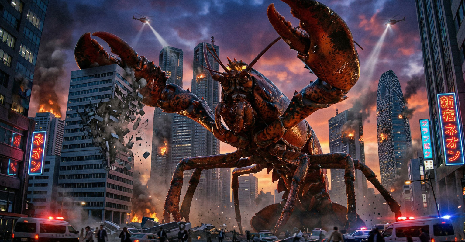 Un monstruo langosta gigante arrasando una ciudad al atardecer con edificios en llamas, coches de policía, helicópteros y gente huyendo.