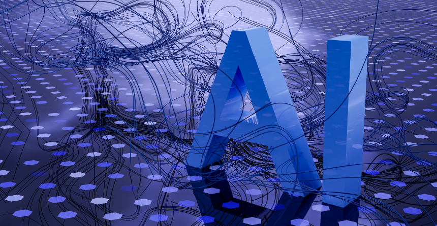 Sigla "AI" ennvuelta en cables enredados, en estilo digital y tecnológico.