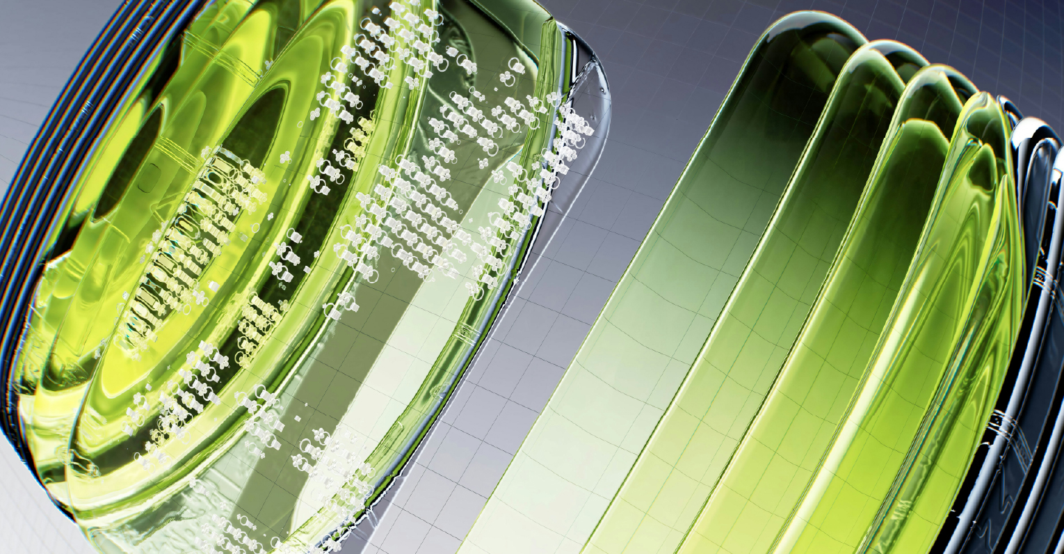 Ilustración 3D abstracta de tonos verdes con formas curvas reflectantes y patrones digitales, simbolizando inteligencia artificial y tecnología.
