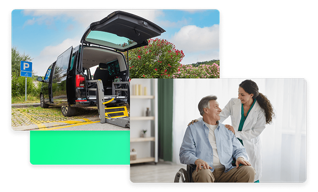 Accessible taxi service with wheelchair lift in operation