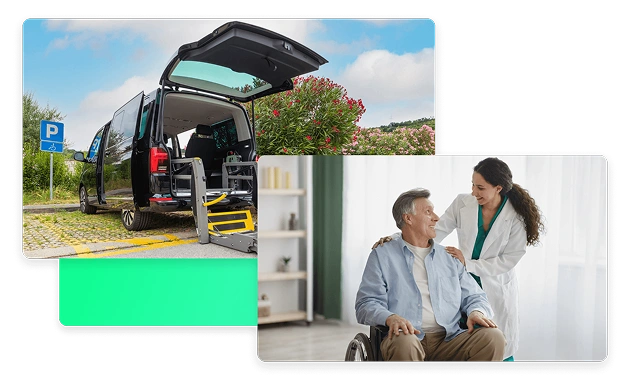 Accessible taxi service with wheelchair lift in operation