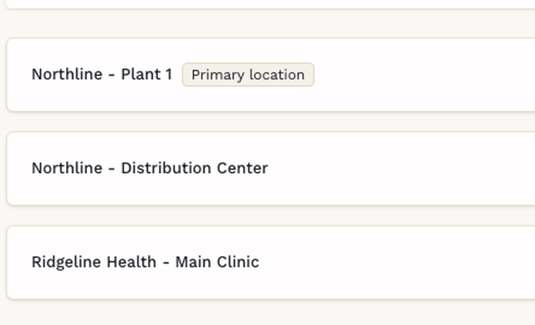 SigmaMD practice locations settings listing three clinic sites under one practice: Northline Plant 1, Northline Distribution Center, and Ridgeline Health Main Clinic