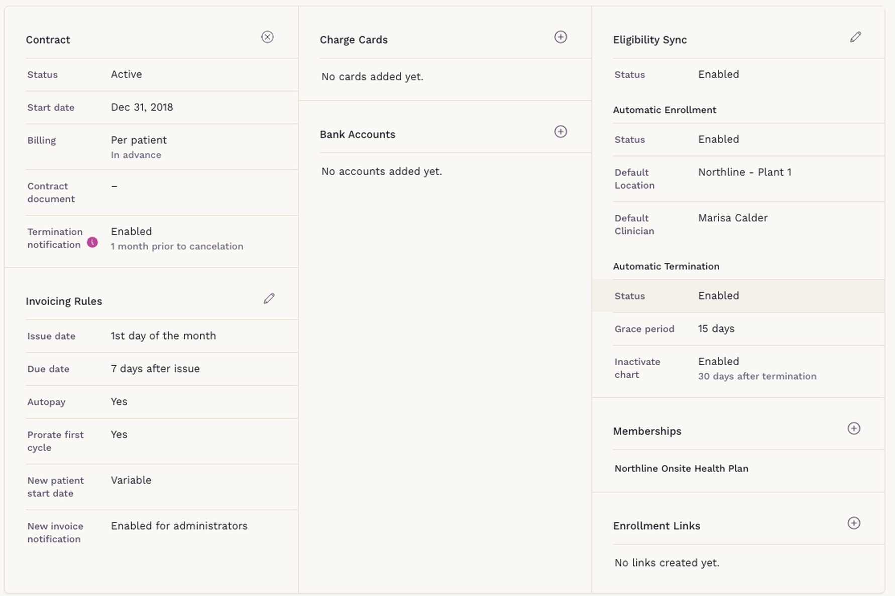 SigmaMD employer configuration showing contract terms, invoicing rules, and an Eligibility Sync panel with automatic enrollment, automatic termination, and a 15-day grace period