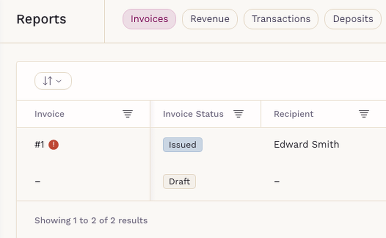 SigmaMD Reports section on the Invoices tab, with tabs for revenue, transactions, and deposits, showing an issued invoice and a draft invoice