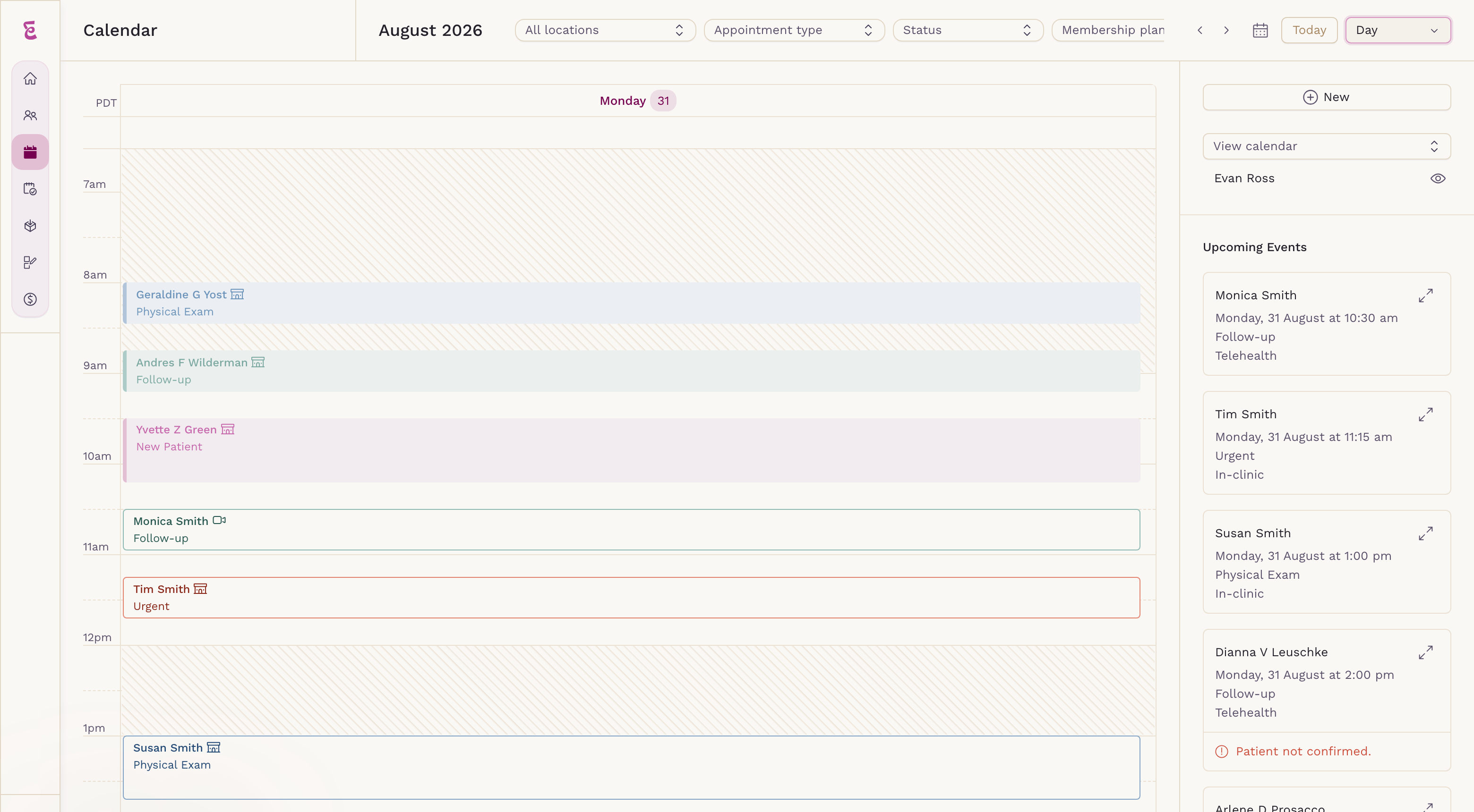 SigmaMD calendar day view showing a direct primary care schedule with in-clinic and telehealth appointments