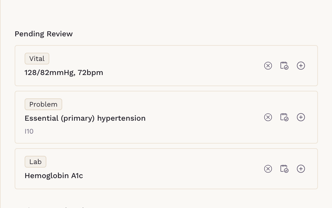 The Sigma Scribe Actions panel listing a blood pressure vital, an essential hypertension problem with its I10 code and a hemoglobin A1c lab, each with controls to file it, assign it as a task, or discard it