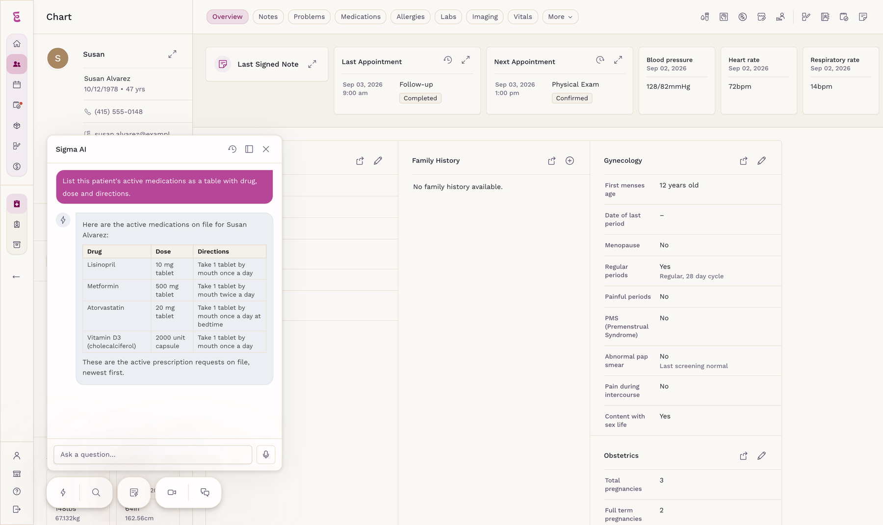 The SigmaMD patient chart with Sigma AI open, answering a request to list the patient's active medications as a table of drug, dose and directions.