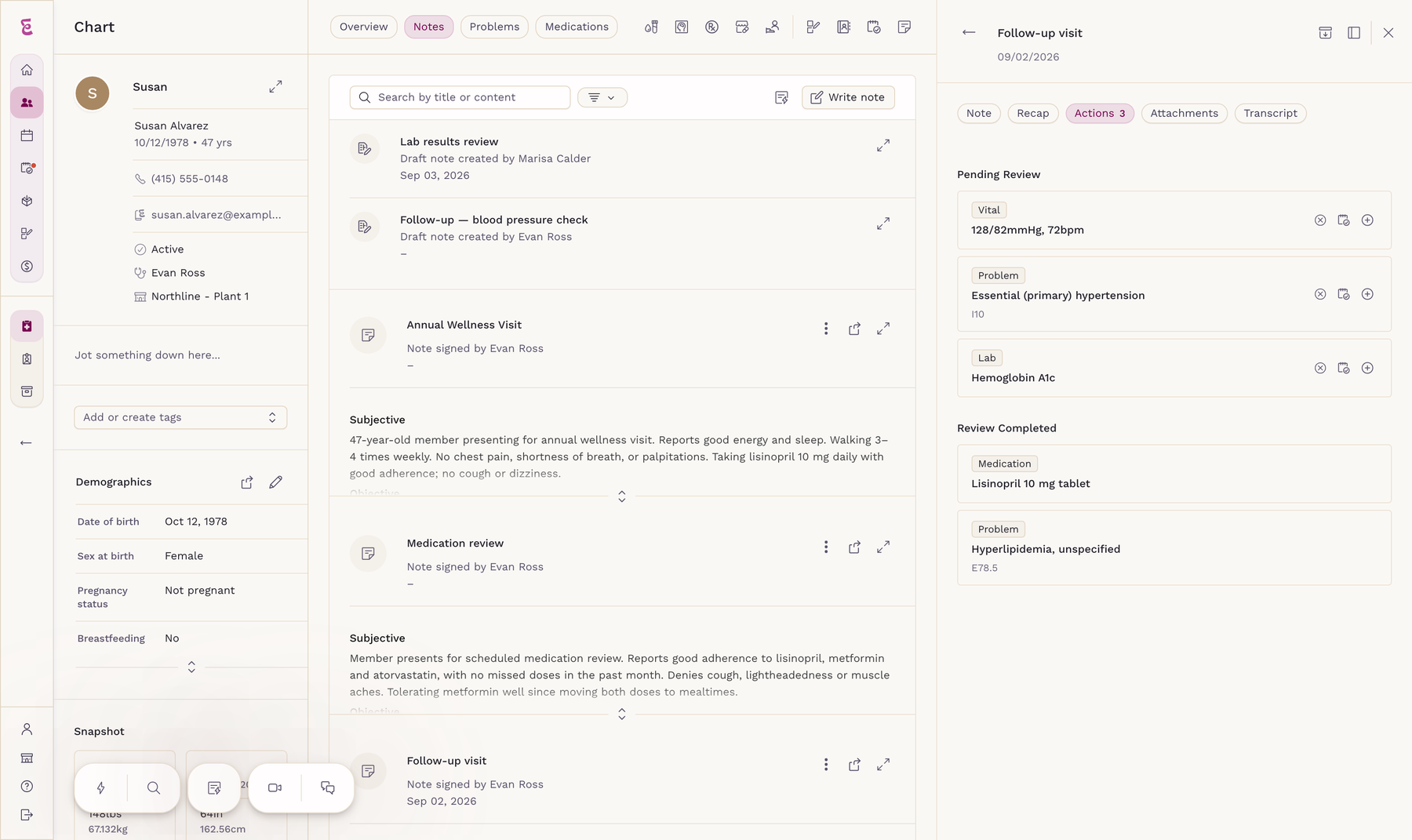 The SigmaMD patient chart with the Sigma Scribe panel open beside the notes list, showing a vital, a problem and a lab waiting for review and a medication already filed