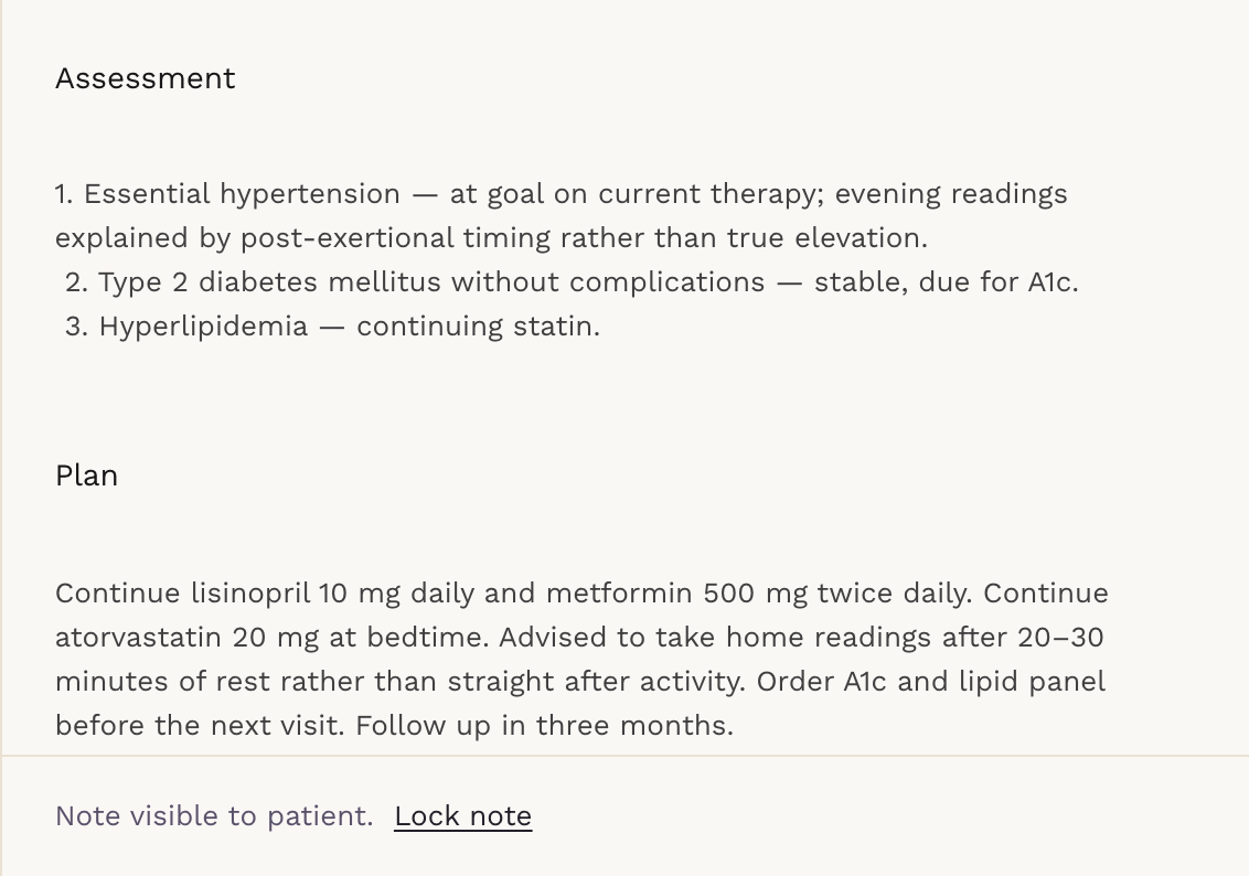A Sigma Scribe clinical note showing the Assessment and Plan sections in the clinician's own template, with the option to lock the note once signed