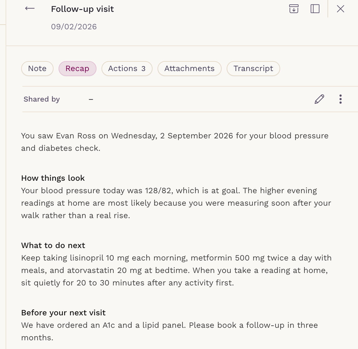 The Sigma Scribe patient recap, written in plain language with sections for how things look, what to do next, and before your next visit