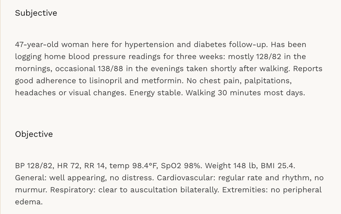 A Sigma Scribe clinical note showing the Subjective and Objective sections drafted from the visit conversation