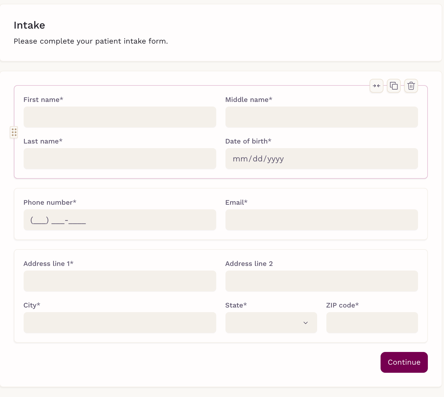 A patient intake form built in SigmaMD, with required name, date of birth, phone, email and address fields.