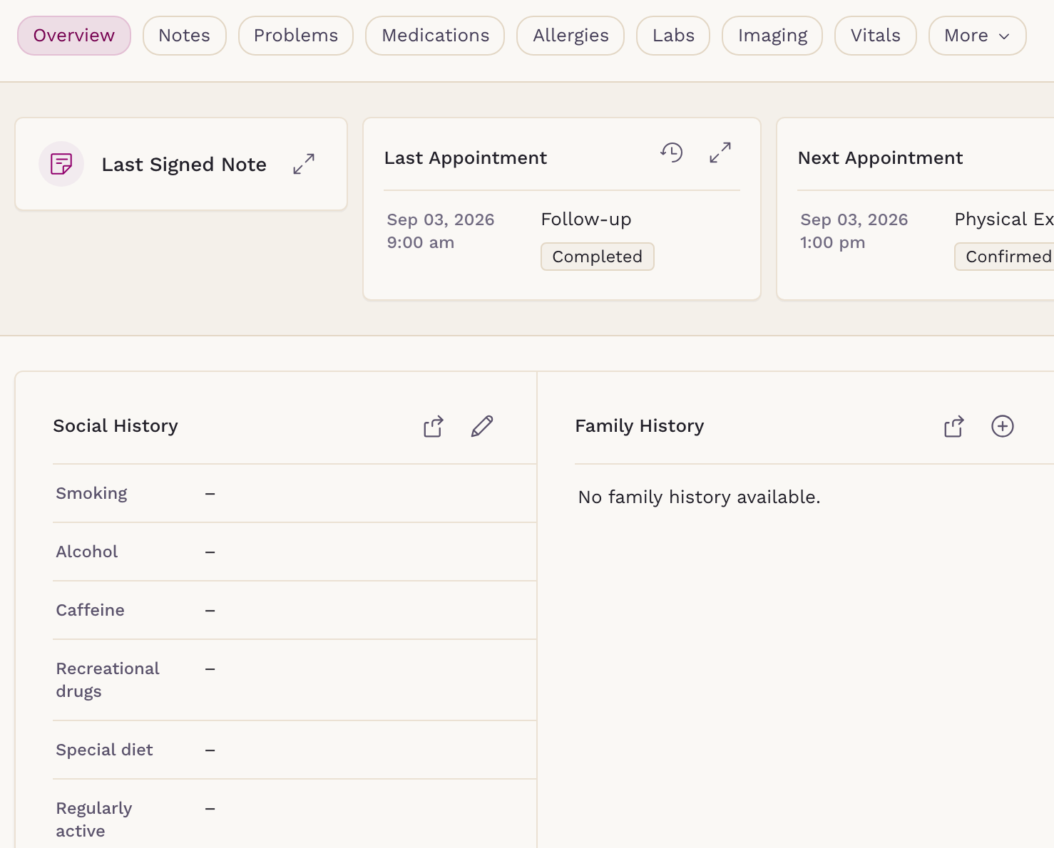 A SigmaMD patient chart with tabs for notes, problems, medications, allergies, labs, imaging and vitals, above the last signed note, recent appointments and structured social and family history.