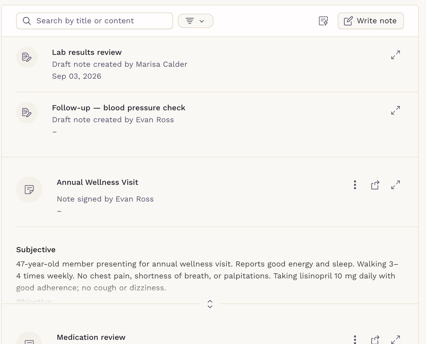 The Notes tab of a SigmaMD chart, listing draft and signed clinical notes with their subjective content and a Write note button.
