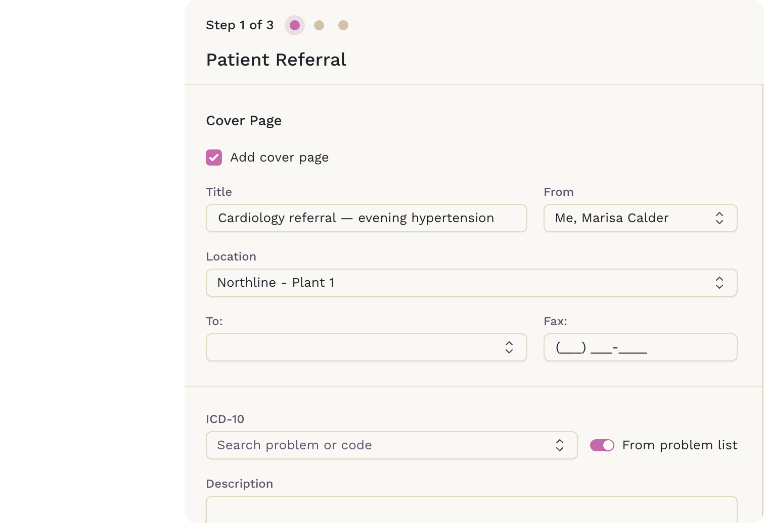 The SigmaMD referral builder, with a cover page, referring clinician, recipient fax number and ICD-10 codes pulled from the problem list.