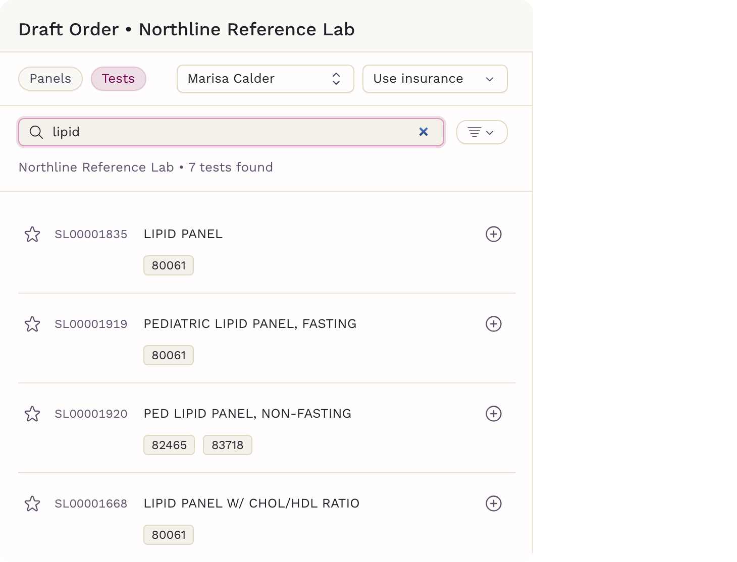 A draft SigmaMD lab order searching a reference lab for lipid panels, showing matching tests with their test codes and CPT codes.