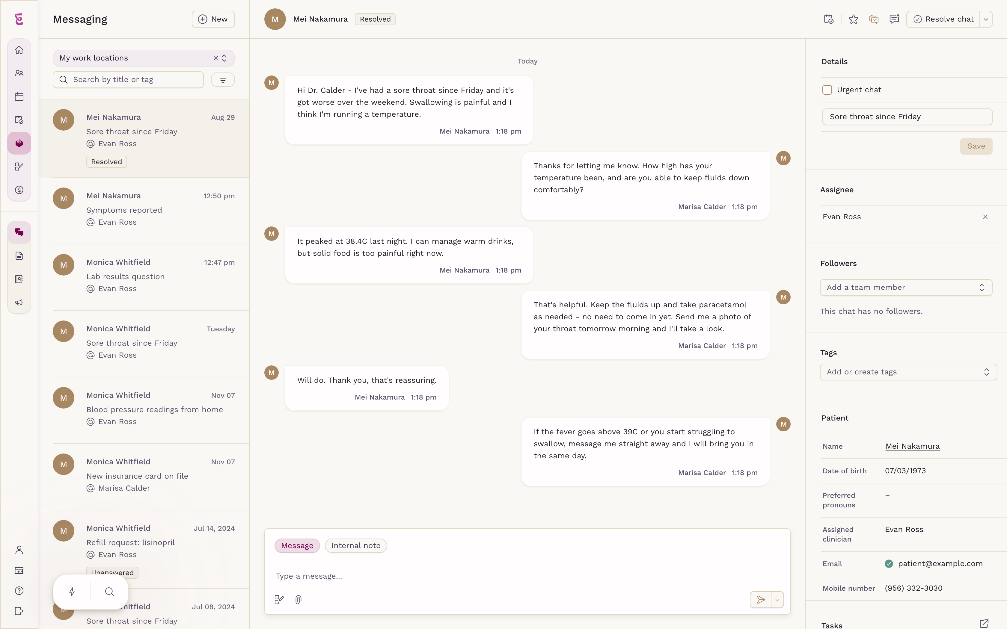 The SigmaMD messaging inbox, showing the list of patient conversations, an open chat thread with a patient, and the patient details panel alongside it.