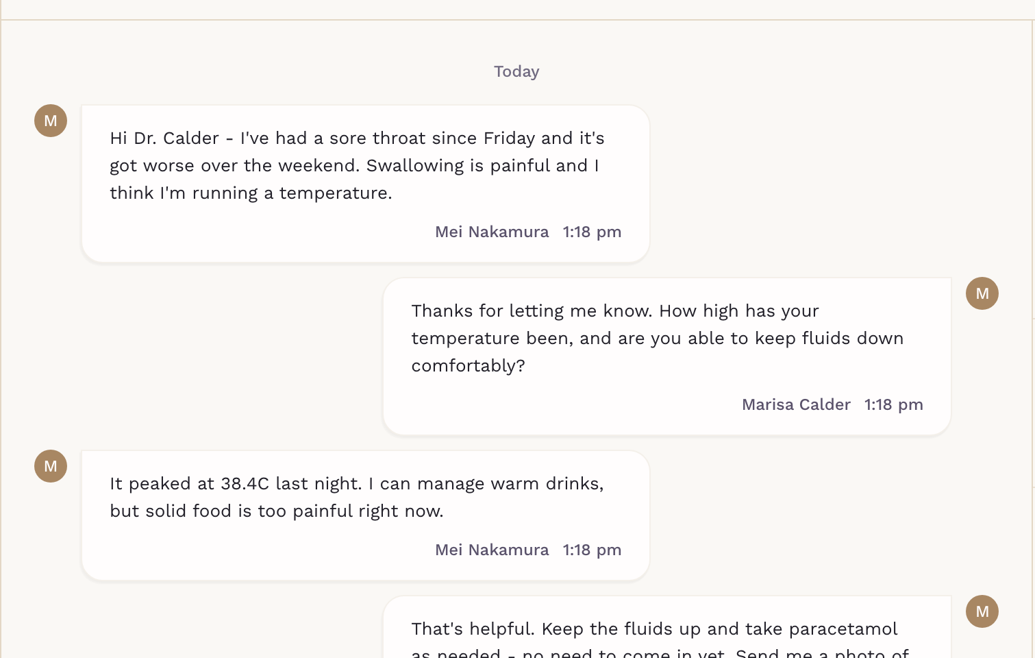 A SigmaMD chat thread between a clinician and a patient about a sore throat, showing sender names and timestamps