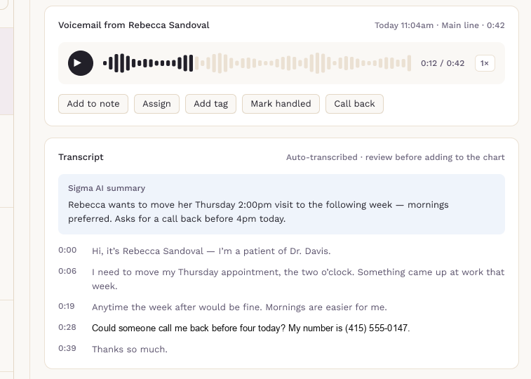 SigmaMD calls inbox showing a voicemail with an AI summary and full transcript beside the patient record