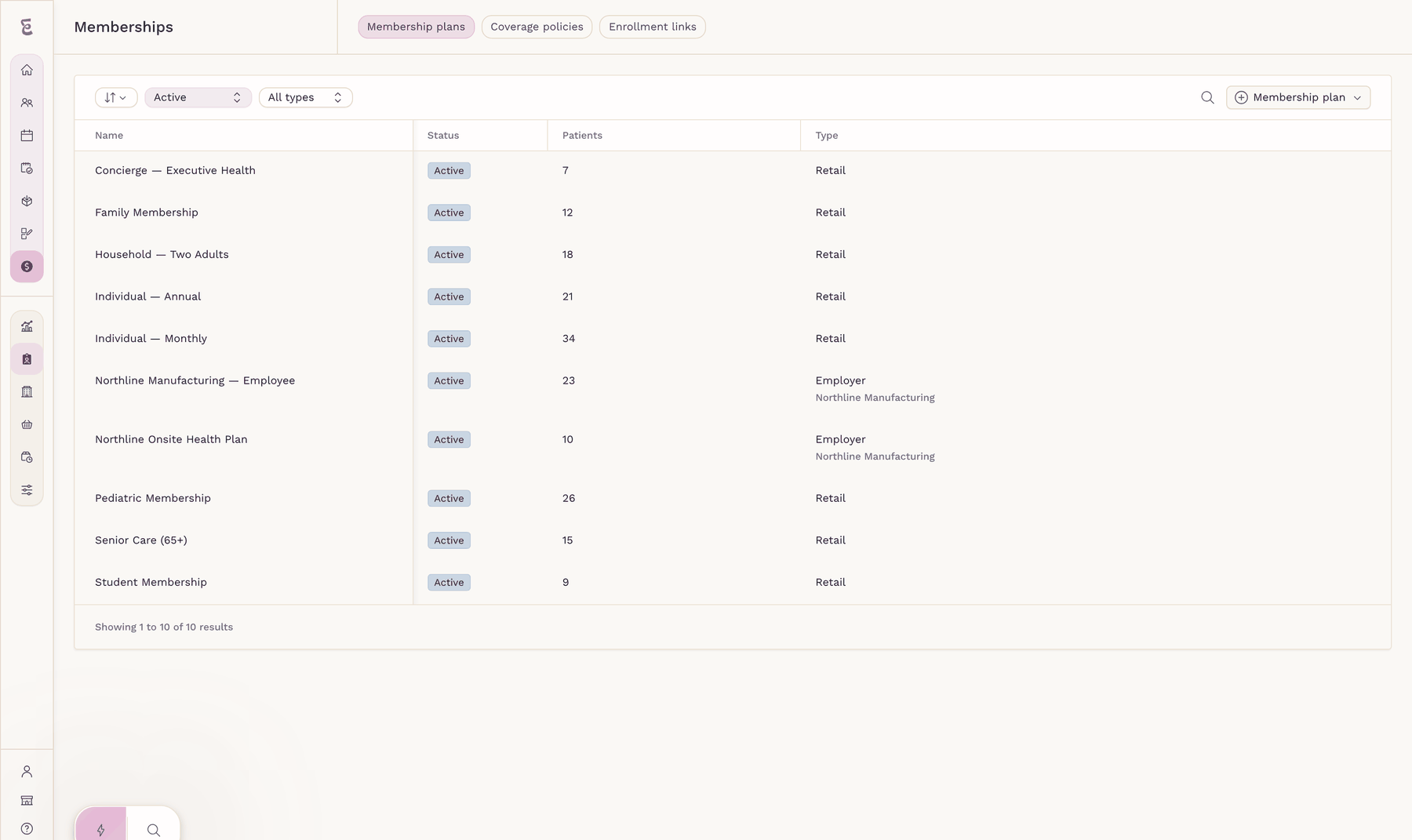 The SigmaMD membership plans screen, listing each plan with its price, billing cycle and enrolled member count.