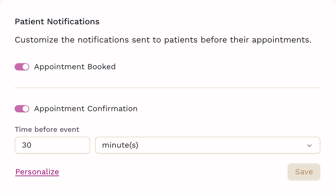 SigmaMD patient notification settings: a booking confirmation, a confirmation request timed before the visit, and two custom patient reminders, each with its own lead time