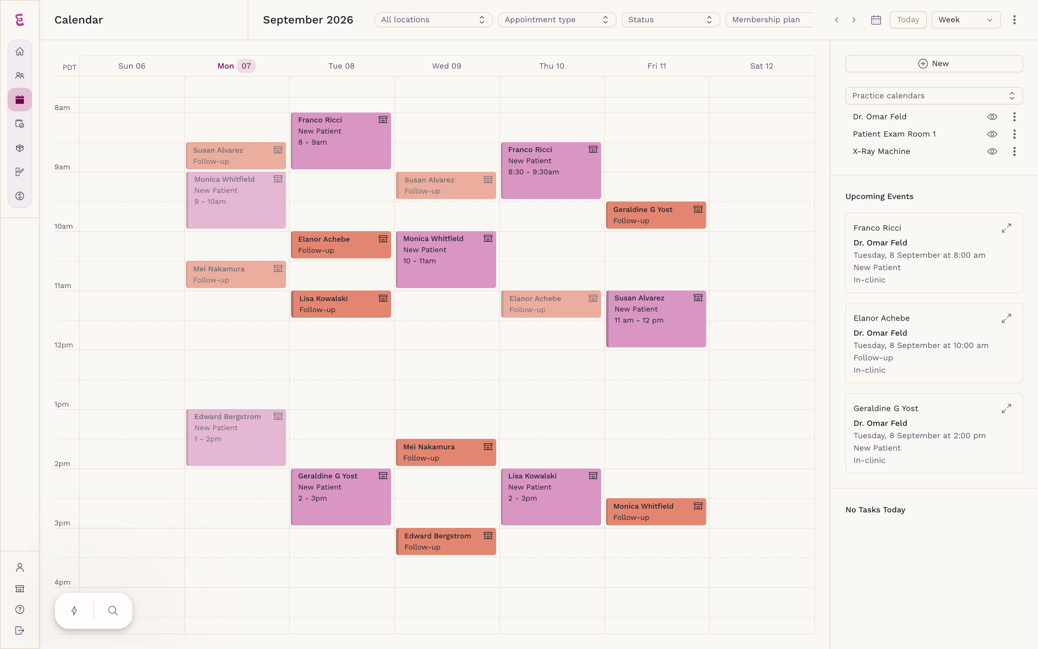 A full week in the SigmaMD calendar, with appointments booked against a clinician, an exam room and an X-ray machine side by side