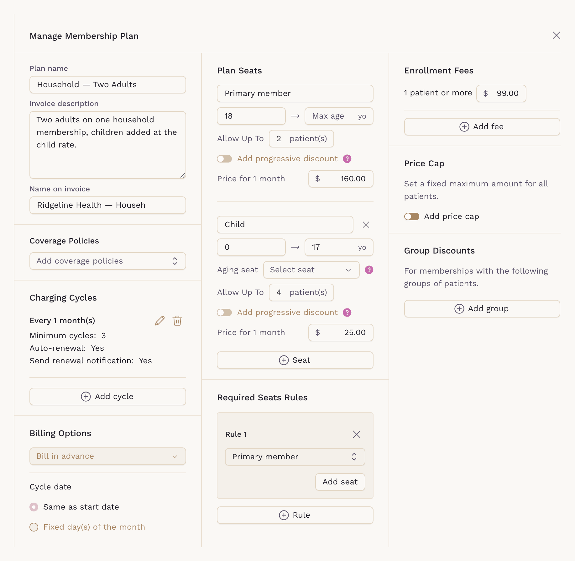 The SigmaMD membership plan editor, showing age-banded adult and child seats with an aging-seat rule, charging cycles with a minimum commitment, an enrollment fee, a price cap and group discounts.