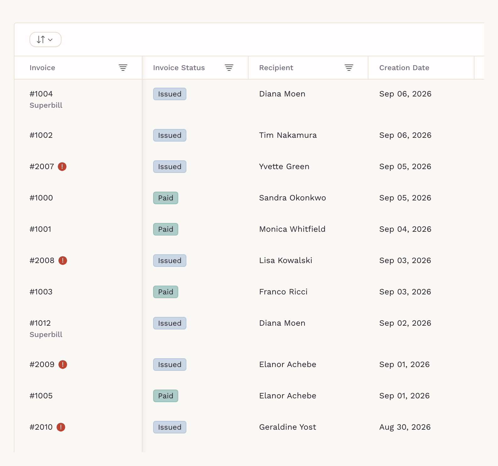 The SigmaMD invoice list, with two invoices tagged Superbill alongside their paid and issued statuses.