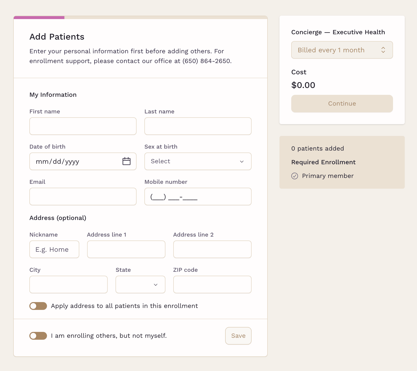 The SigmaMD enrollment form a patient fills in to join, showing their details, the chosen plan and its billing cycle, and a toggle for enrolling others.