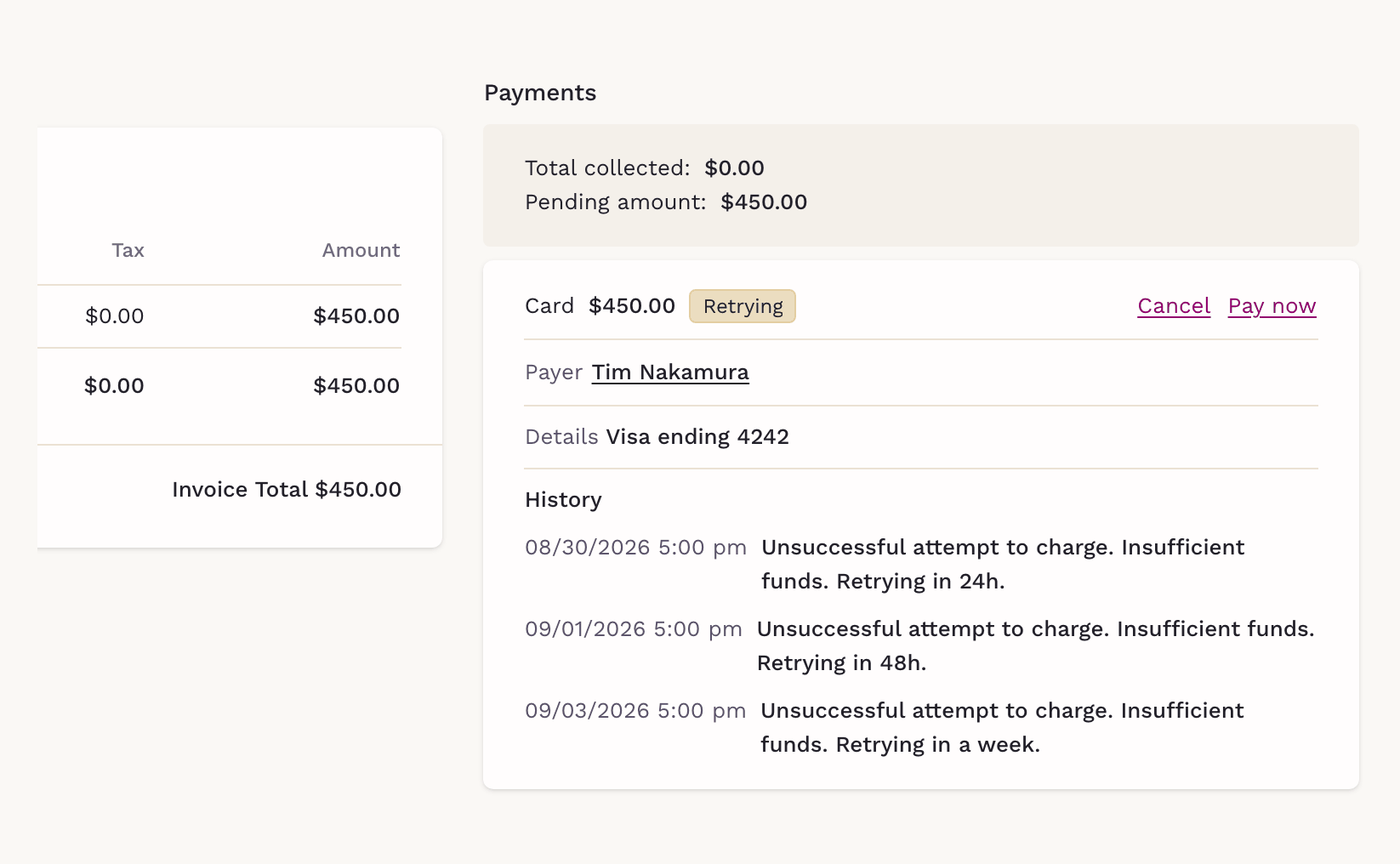 A SigmaMD invoice whose card payment is marked Retrying, with a history listing each unsuccessful charge attempt and when the next retry is due.