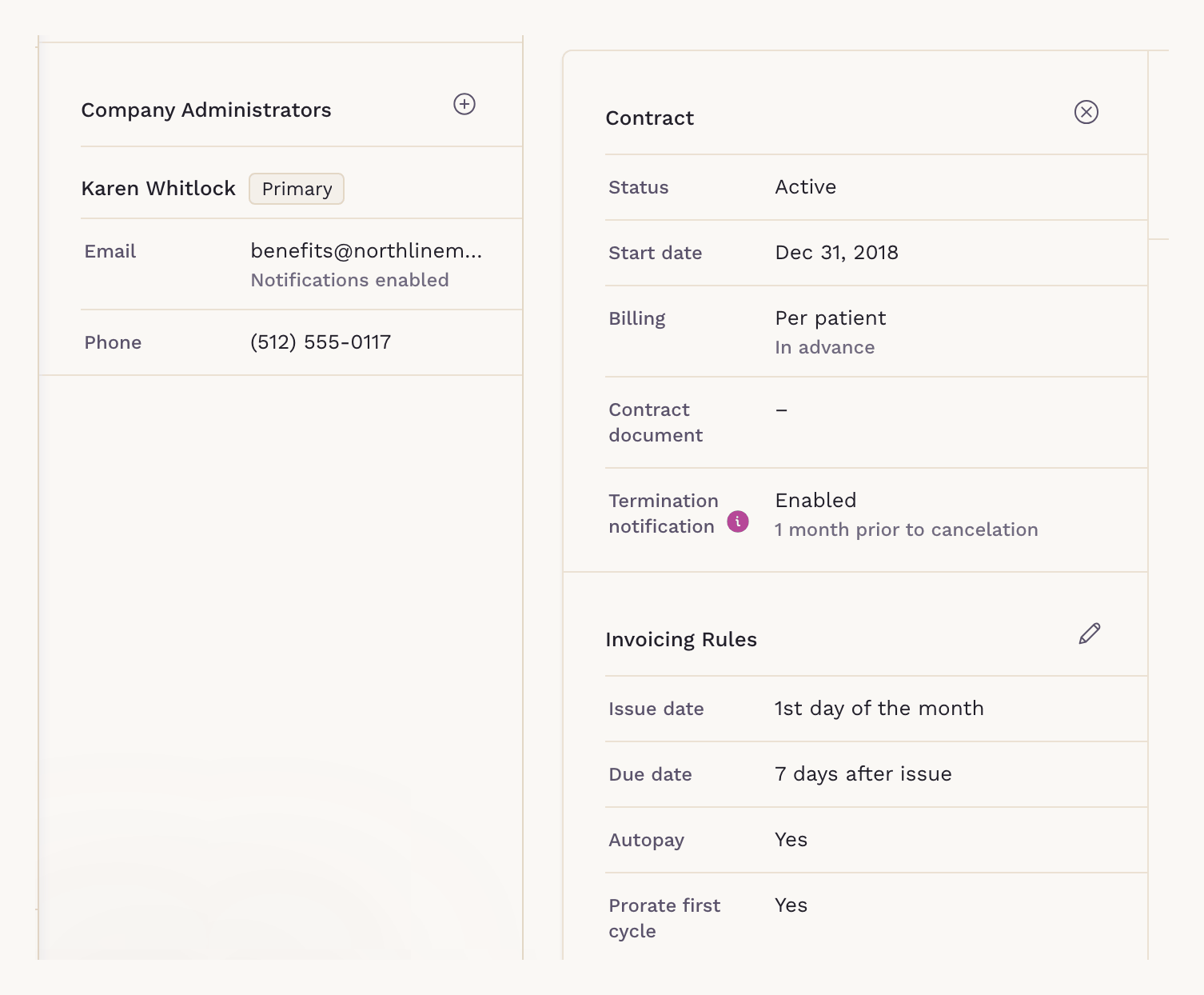 A SigmaMD employer contract set to bill per patient in advance, with invoicing rules for issue date, due date, autopay and first-cycle proration.