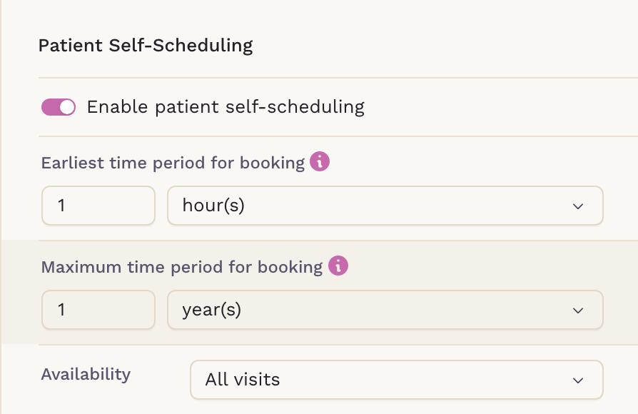 SigmaMD patient self-scheduling rules for an appointment type: earliest and latest booking windows, availability by visit history, membership restrictions, and bookable calendars covering both clinicians and resources