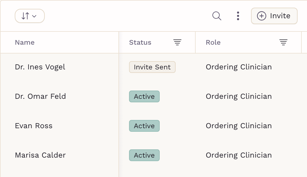 SigmaMD practice team list showing each member's status, clinical role — ordering clinician, allied health professional, non-clinical — and access level