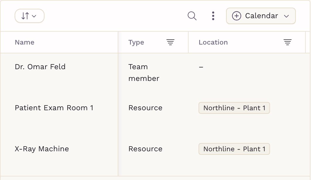 SigmaMD booking calendars listing a clinician alongside an exam room and an X-ray machine, each with its own calendar so appointments can be booked against it