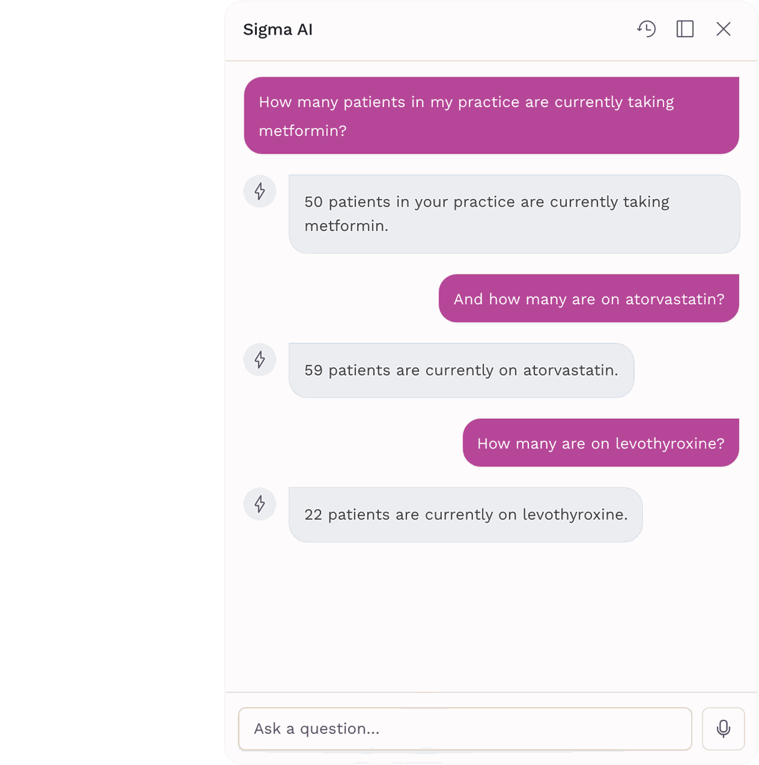Sigma AI answering three panel-wide medication counts in one thread — 50 patients on metformin, 59 on atorvastatin and 22 on levothyroxine