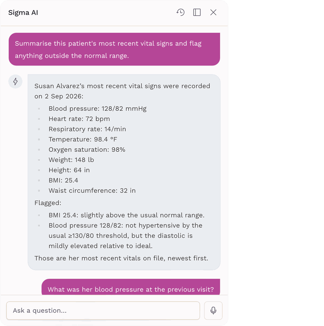 Sigma AI summarising a patient's most recent vital signs with the date each one was recorded.