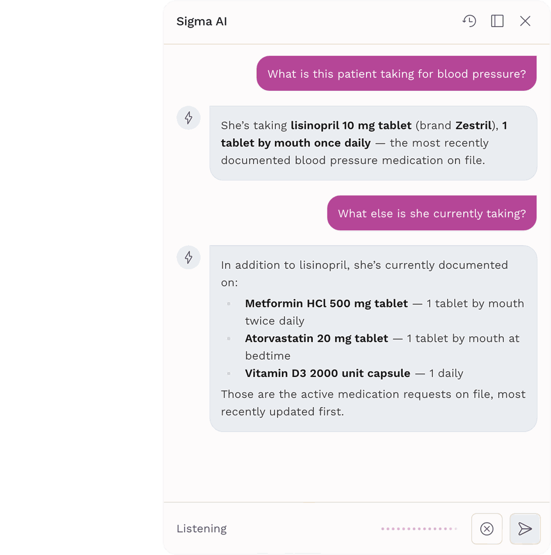 Sigma AI answering questions about a patient's medications, with voice input active and the composer showing a Listening state.