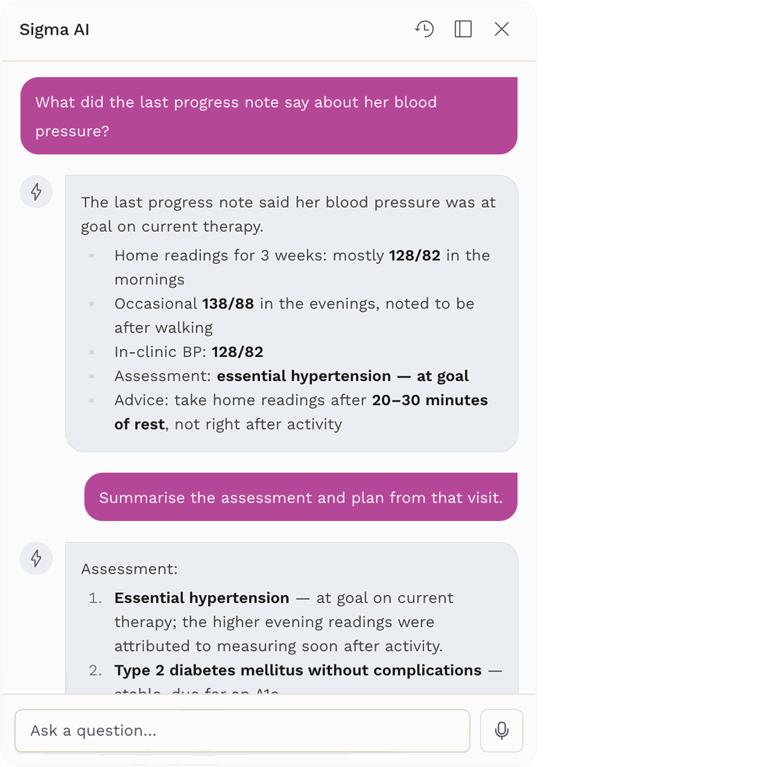 Sigma AI reading the last progress note on a patient's blood pressure, listing the home and in-clinic readings, then summarising the assessment and plan from that visit