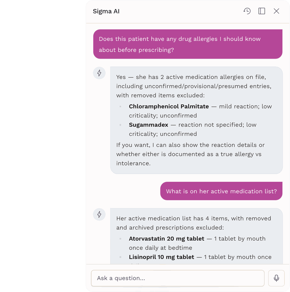 Sigma AI listing a patient's recorded drug allergies with reaction and criticality before prescribing.