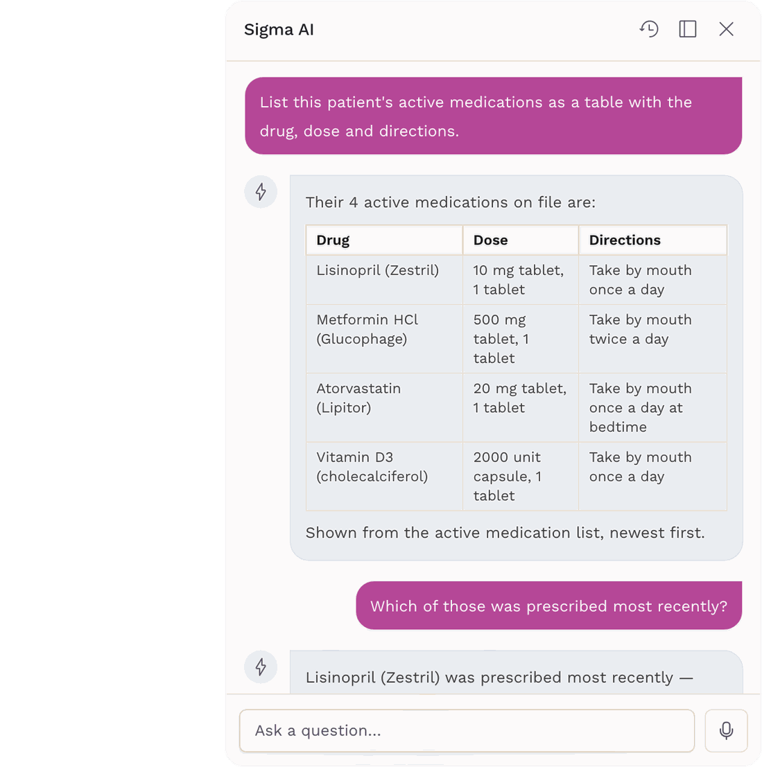 The Sigma AI panel returning a patient's active medications as a table of drug, dose and directions.