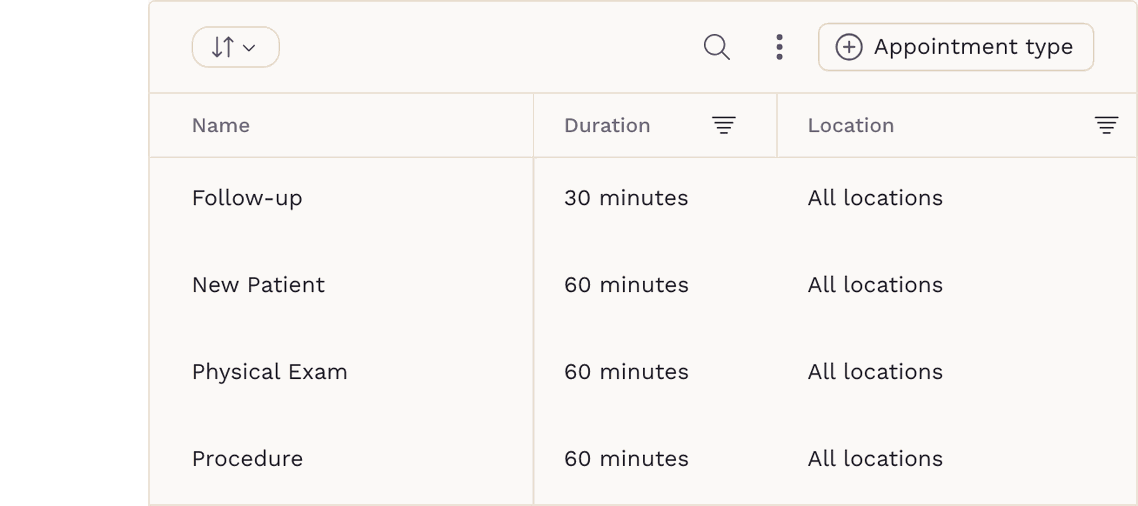 SigmaMD appointment types listed with their default duration, the locations they are offered at, and whether patient self-scheduling is enabled for each