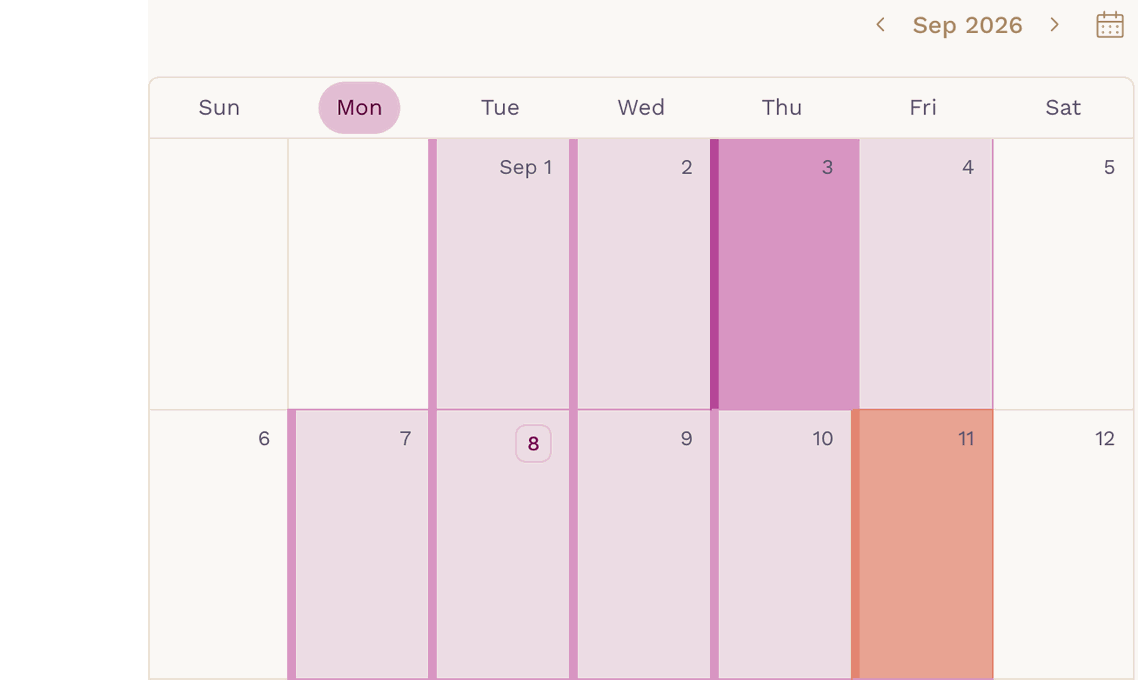 A month in the SigmaMD availability calendar, with recurring weekly hours Monday through Friday, one day switched to custom hours and one day blocked out entirely