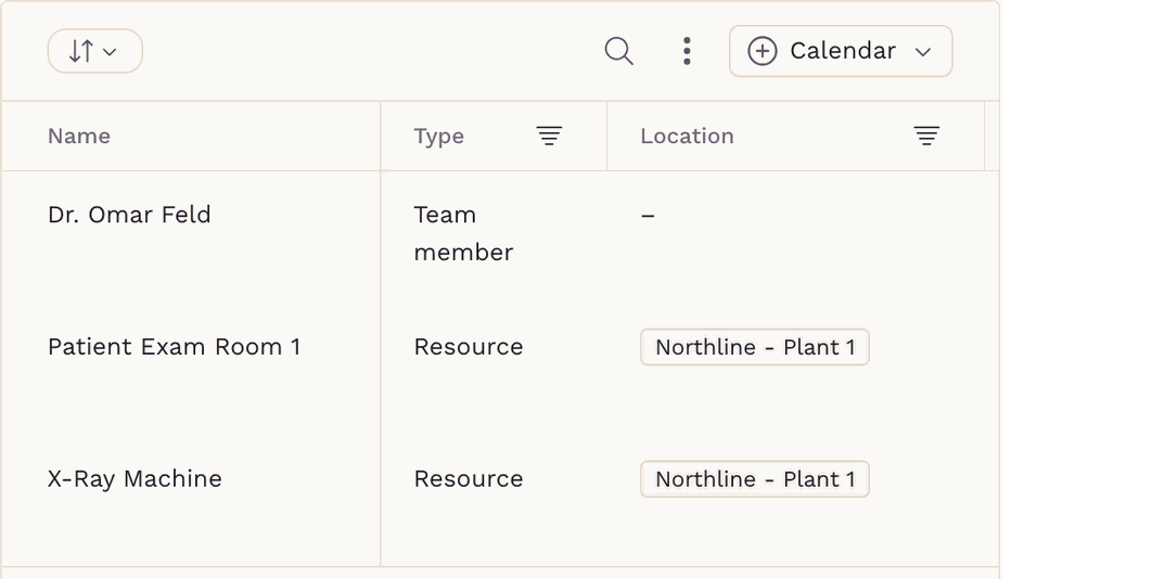 SigmaMD booking calendars listing a clinician alongside an exam room and an X-ray machine, each with its own calendar so appointments can be booked against it
