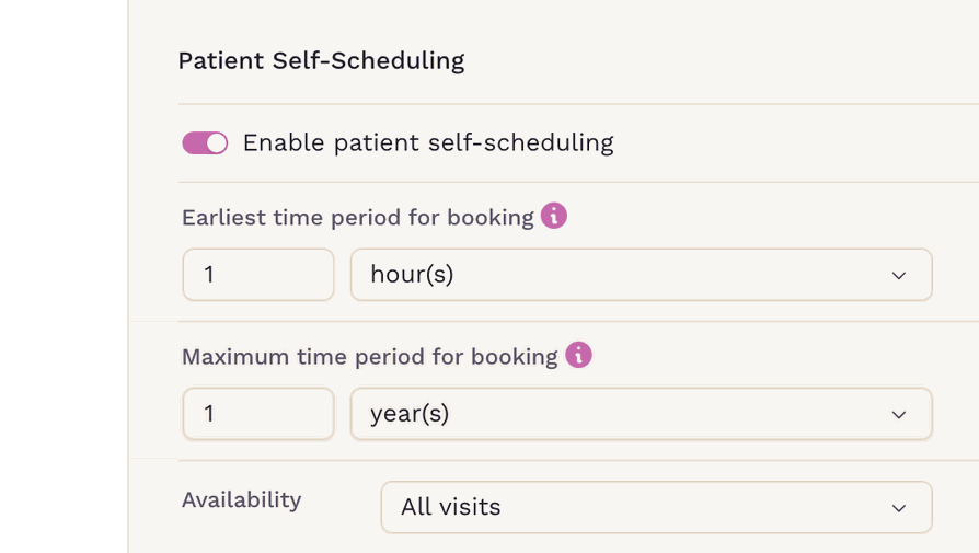 SigmaMD patient self-scheduling rules for an appointment type: earliest and latest booking windows, availability by visit history, membership restrictions, and bookable calendars covering both clinicians and resources