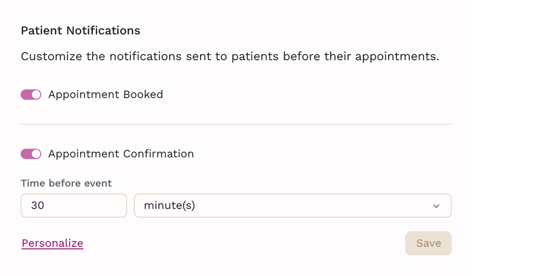 SigmaMD patient notification settings: a booking confirmation, a confirmation request timed before the visit, and two custom patient reminders, each with its own lead time