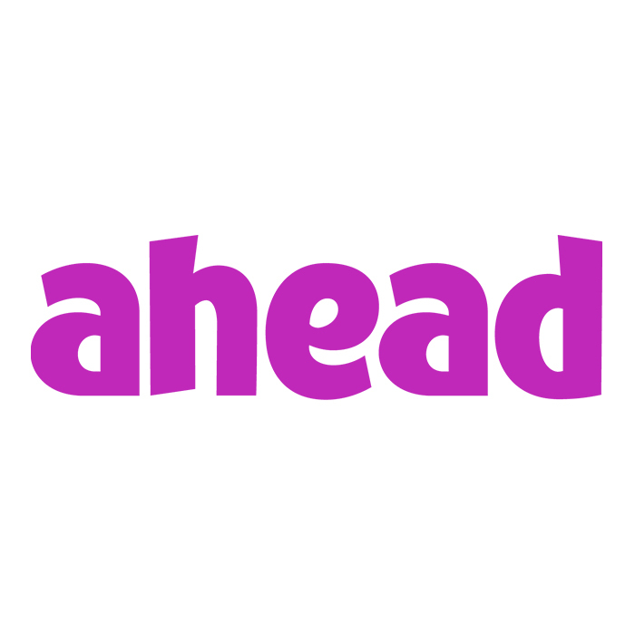 Ahead logo with the word 'ahead' in bold purple lowercase letters on a white circular background.