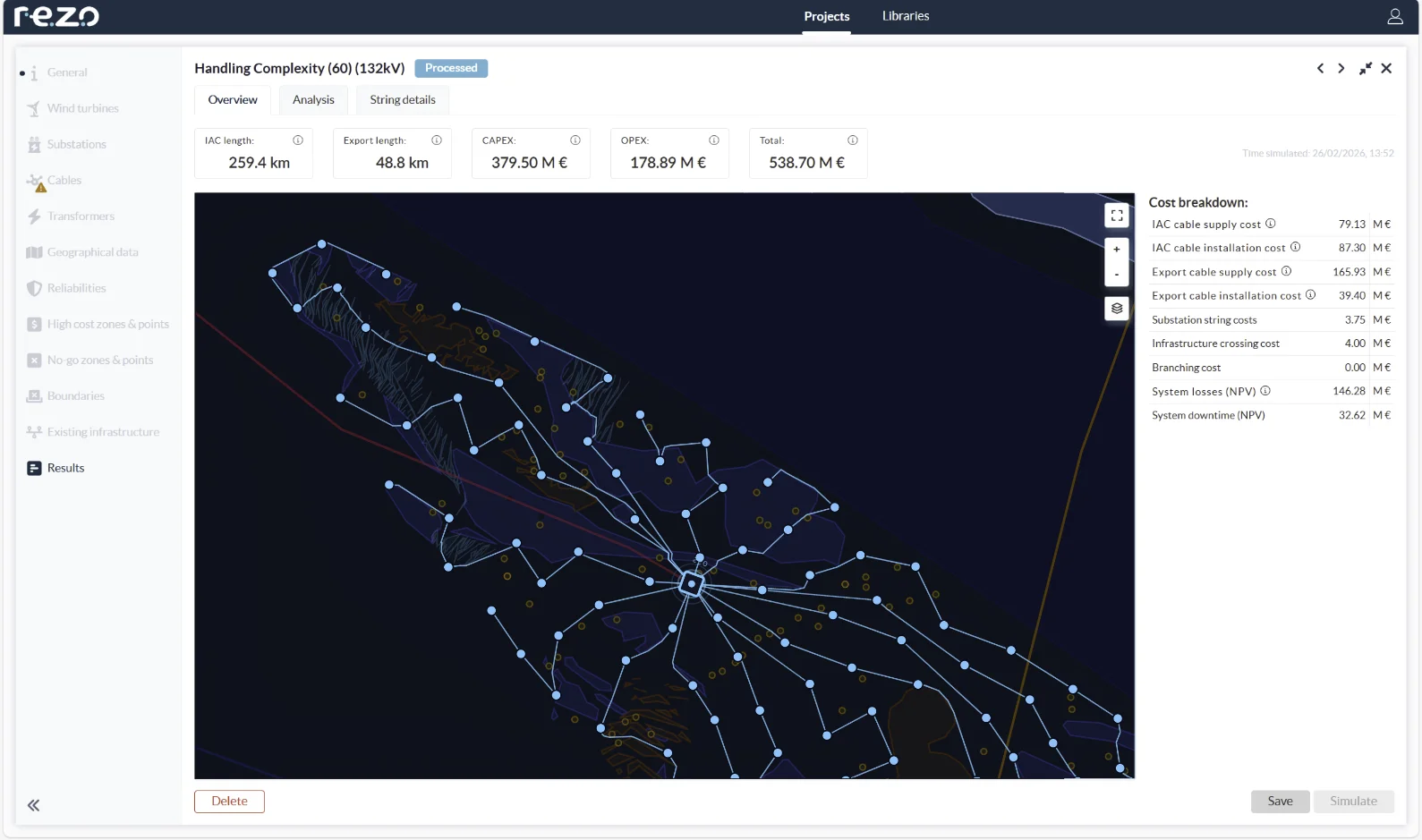 Rezo web application showing an optimised inter-array cable layout on a map, with a cost breakdown panel on the right