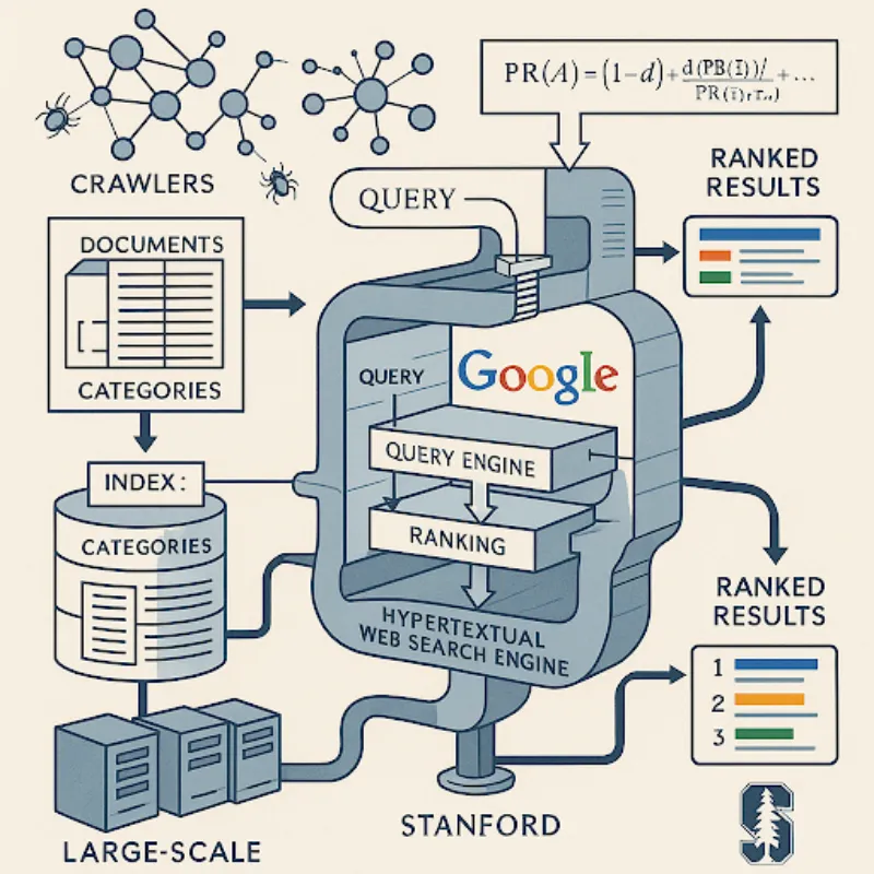 Esquema de la arquitectura de un motor de búsqueda hipertextual a gran escala, incluyendo la fórmula de PageRank.